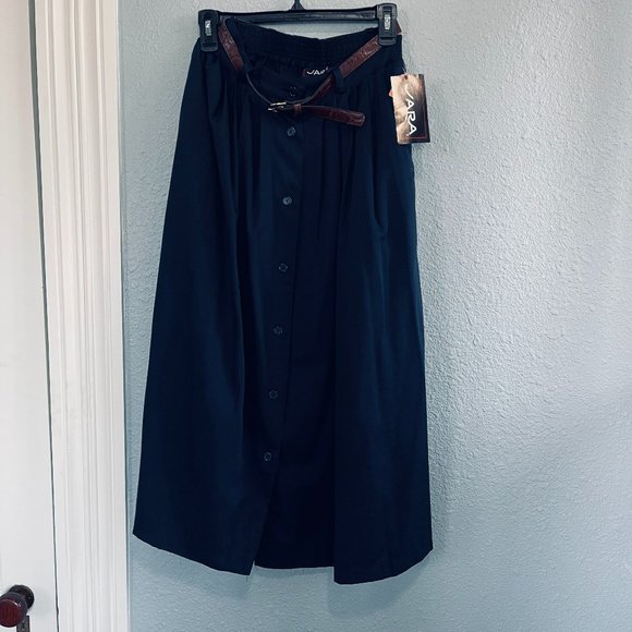 Jara Vintage dark blue Long Pencil Skirt brown Buckle Snakeskin Print Belt M/L - Picture 1 of 11